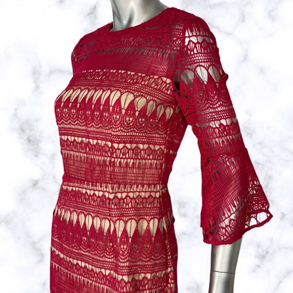 Cooper St Red Crochet Lace Dress Bell Sleeve Knee Length 4 - Picture 2 of 7